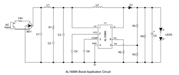 Application Circuit Diagram - Diodes Incorporated AL1698K High Efficiency Dimmable LED Driver
